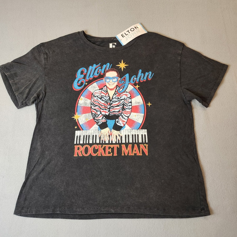 Elton John Rocket Man Graphic T-Shirt Mens Large Black Cotton Rhinestone NWT